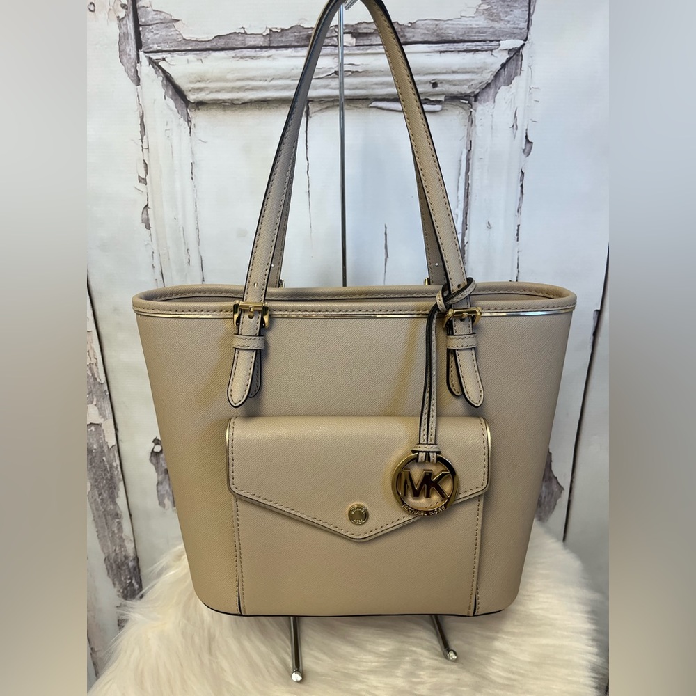 Michael Kors Saffiano Leather Beige Frame Pocket Tote Bag